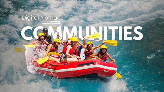 A digital nomad community taking a rafting adventure together.